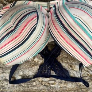 Cacique 34G Bra – Colorful Stripes & Navy Lace